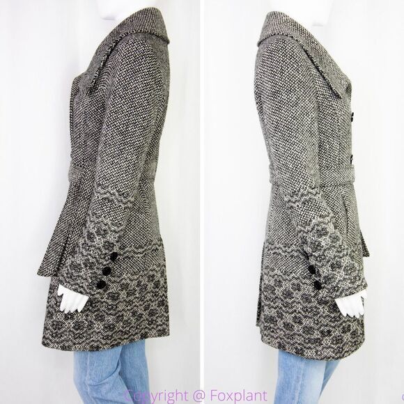 Guess wool blend black and white tweed double‎ breasted coat tie waist, size M - Picture 8 of 16